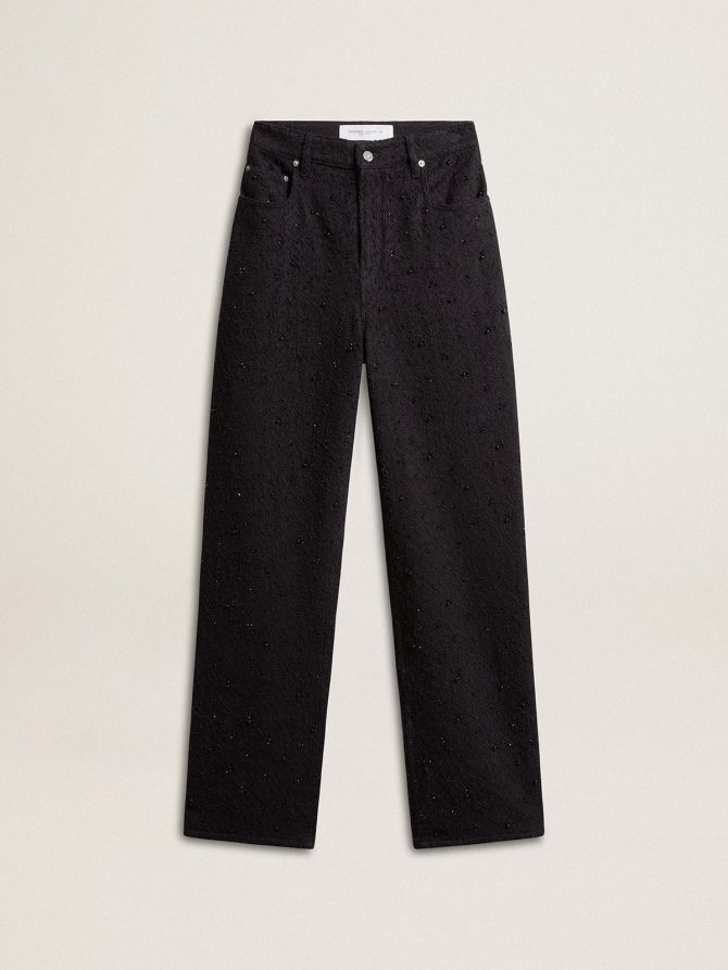 Women’s cotton denim pants with crystal and stone decoration