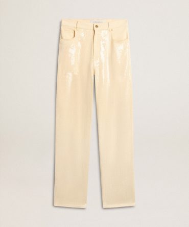 Ecru pants with transparent all-over sequins