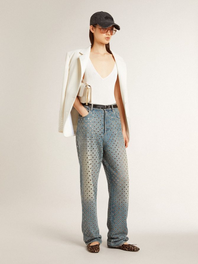 Women’s washed jeans with all-over eyelets - Image 2
