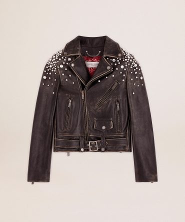 Women’s biker jacket in distressed leather with cabochon crystals