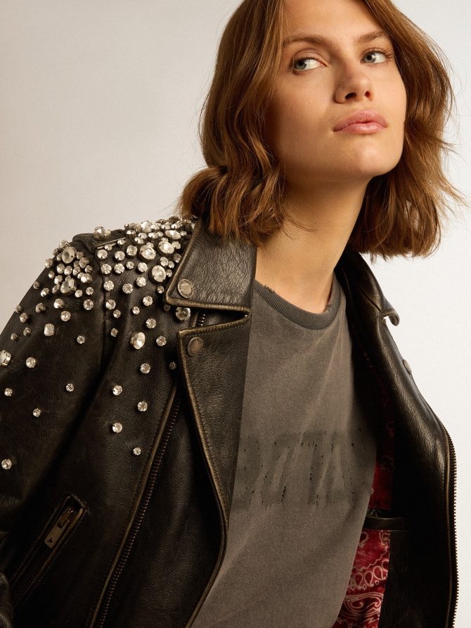 Women’s biker jacket in distressed leather with cabochon crystals - Image 2