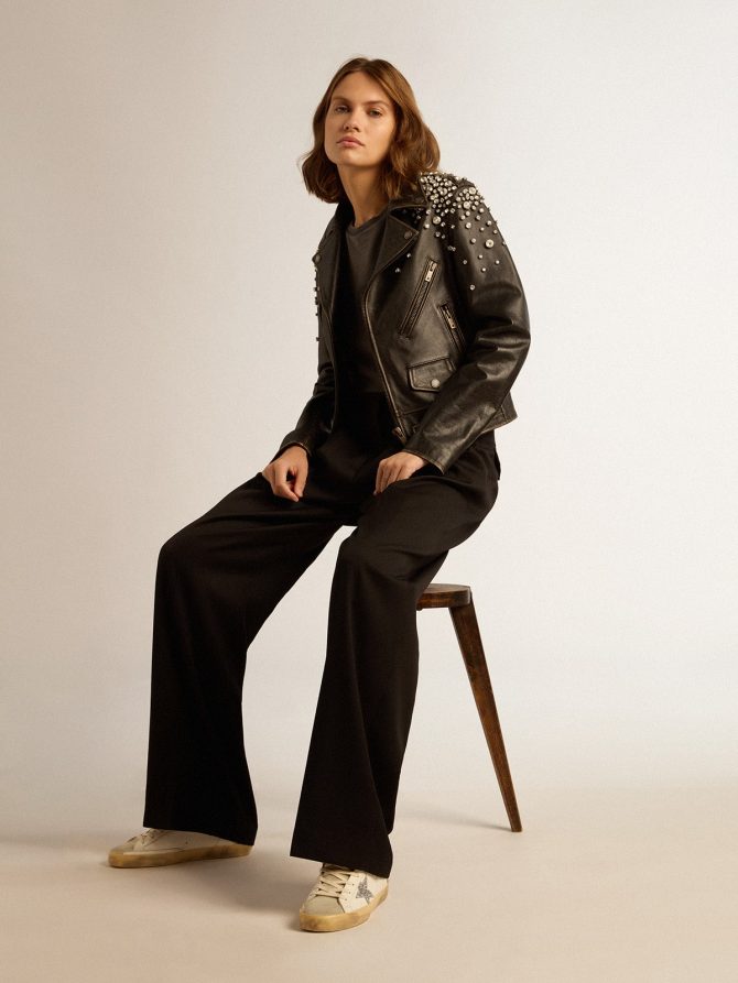 Women’s biker jacket in distressed leather with cabochon crystals - Image 3