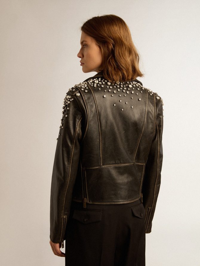 Women’s biker jacket in distressed leather with cabochon crystals - Image 4