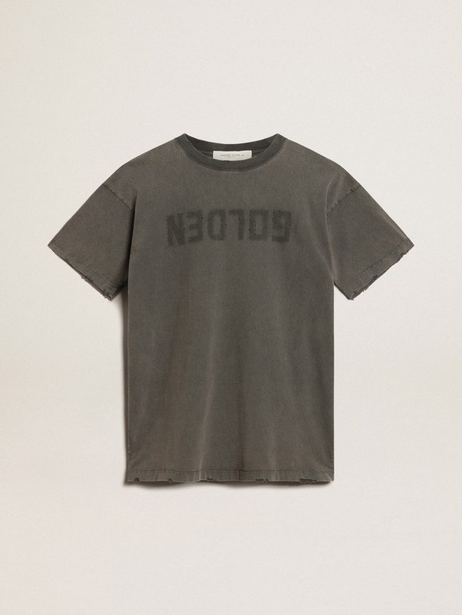 Women’s gray T-shirt dress with distressed treatment