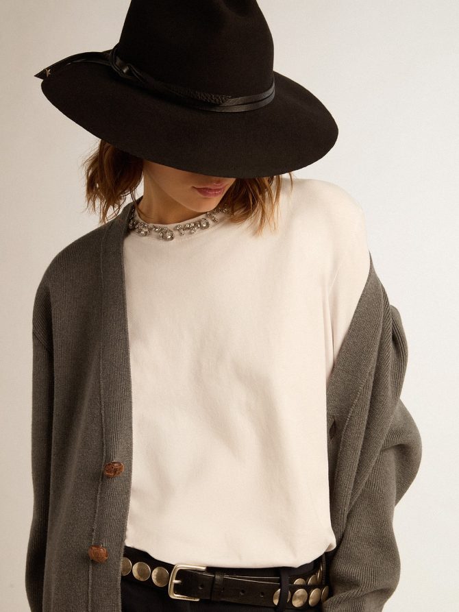 Women’s mélange gray cotton cardigan with logo on the back - Image 2