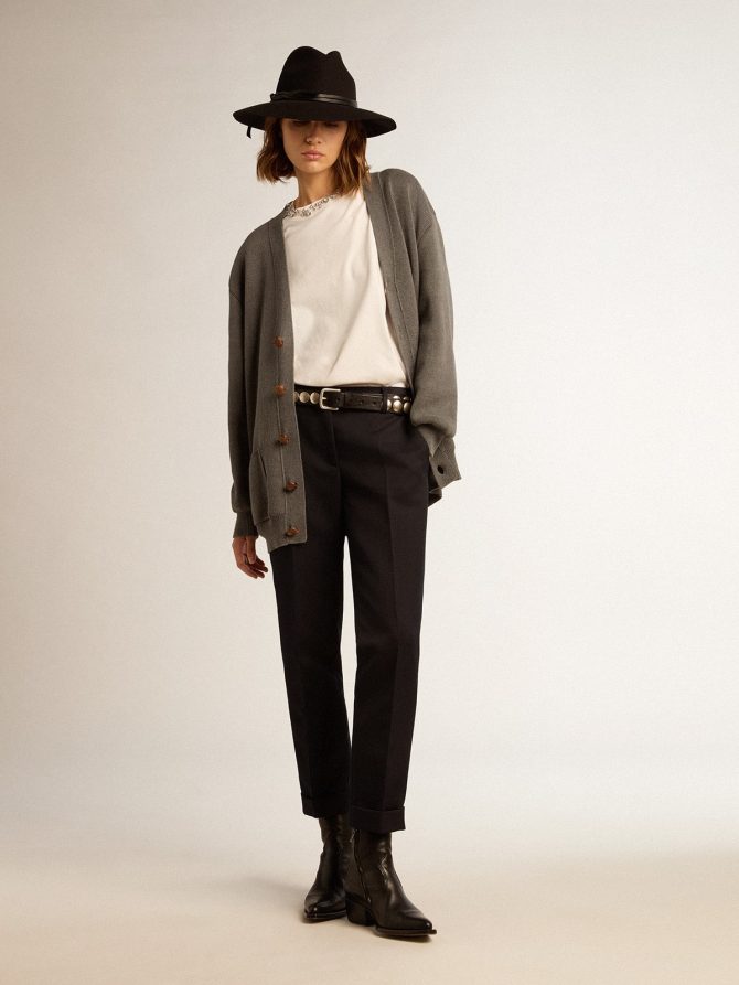 Women’s mélange gray cotton cardigan with logo on the back - Image 3