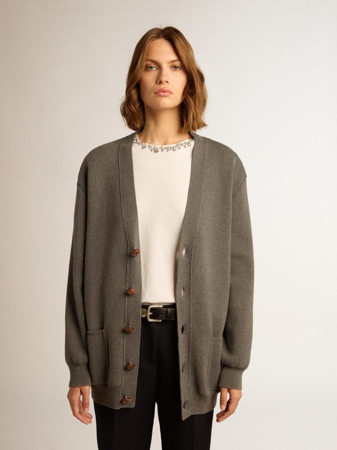Women’s mélange gray cotton cardigan with logo on the back - Image 5