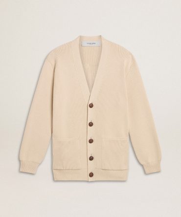 Women’s beige cardigan with ‘Golden’ lettering on the back
