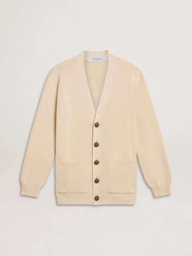 Women’s beige cardigan with ‘Golden’ lettering on the back