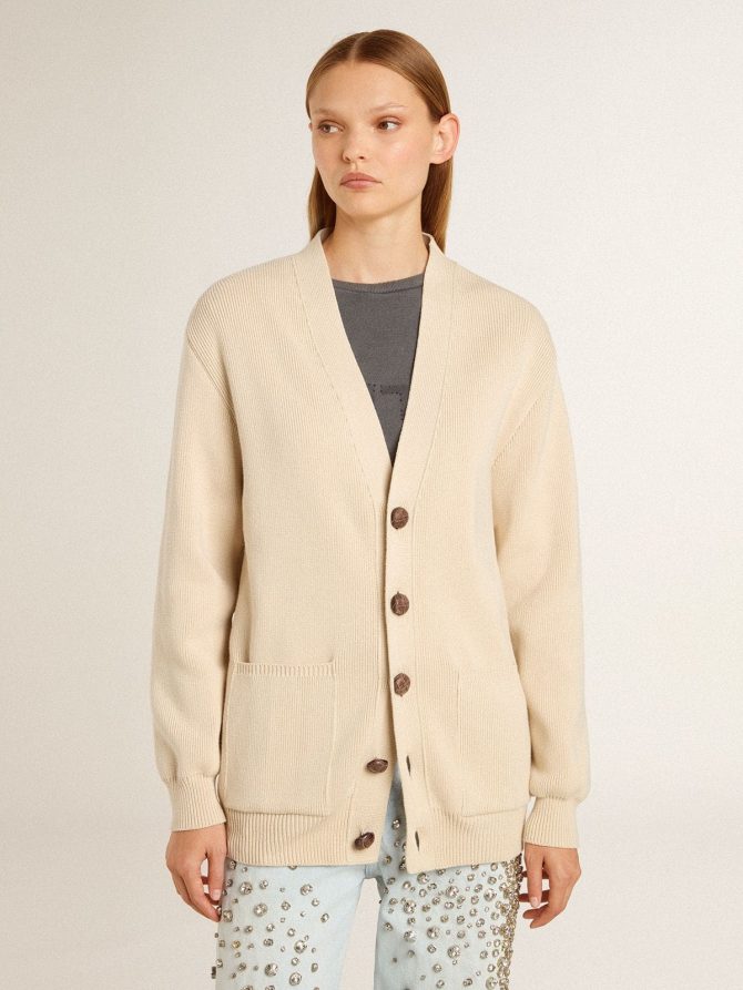 Women’s beige cardigan with ‘Golden’ lettering on the back - Image 2