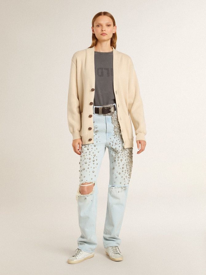 Women’s beige cardigan with ‘Golden’ lettering on the back - Image 3