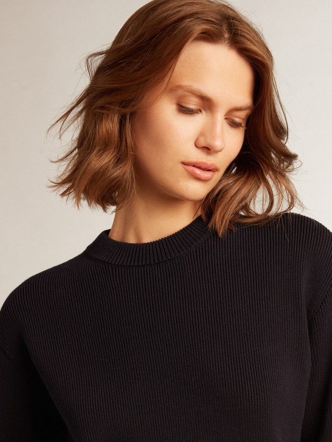 Women’s round-neck sweater in dark blue cotton with logo on the back - Image 2