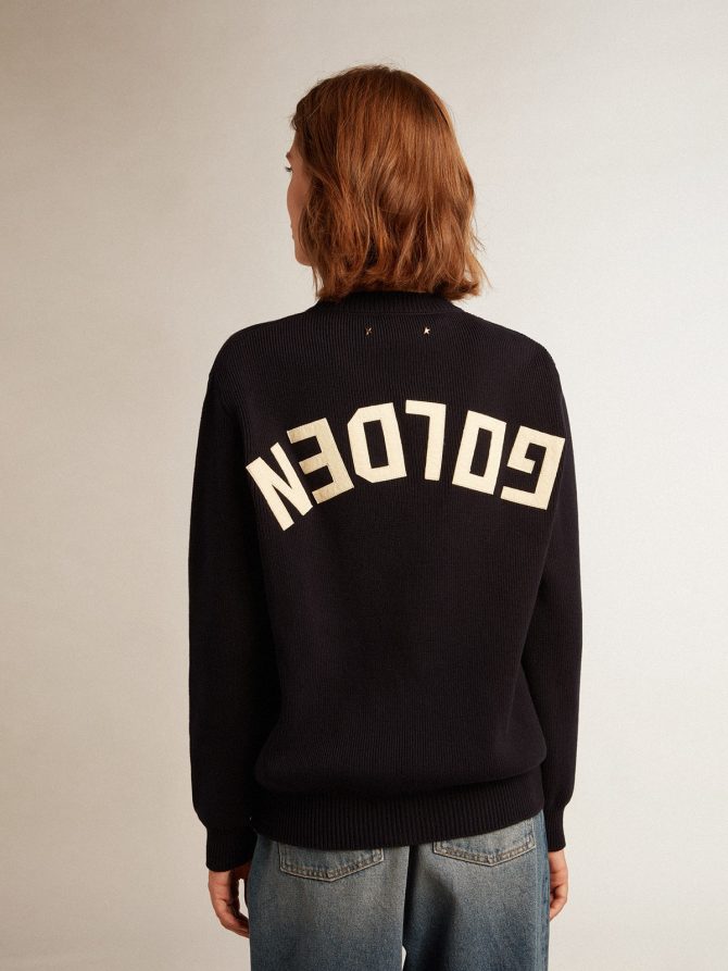 Women’s round-neck sweater in dark blue cotton with logo on the back - Image 4