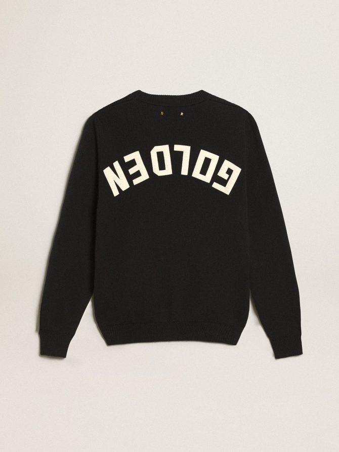Women’s round-neck sweater in dark blue cotton with logo on the back - Image 6