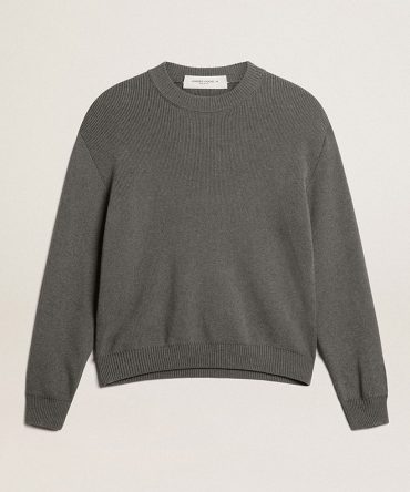 Women’s round-neck sweater in dark gray cotton with logo on the back