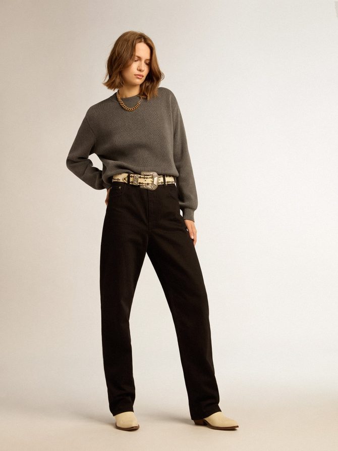 Women’s round-neck sweater in dark gray cotton with logo on the back - Image 3