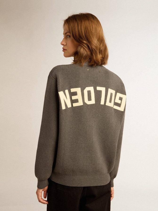 Women’s round-neck sweater in dark gray cotton with logo on the back - Image 4