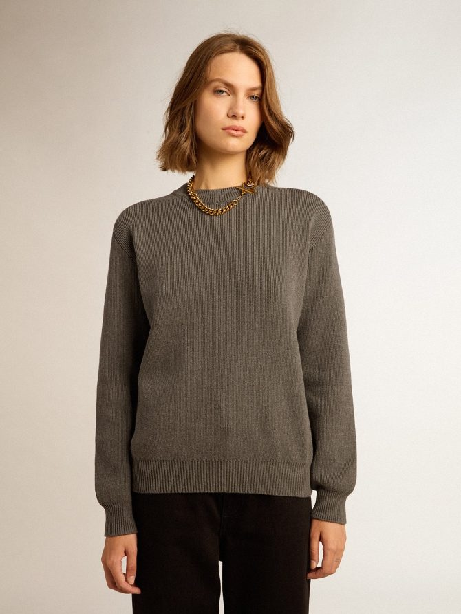Women’s round-neck sweater in dark gray cotton with logo on the back - Image 5