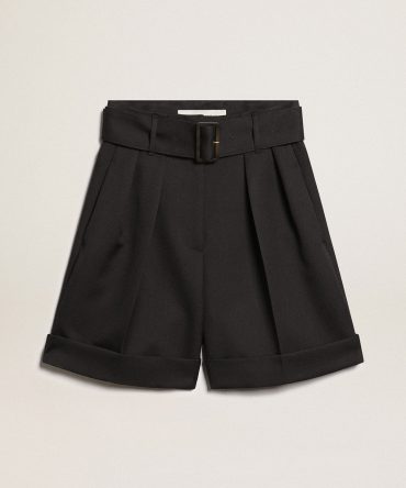 Women’s shorts in black wool gabardine with waist belt