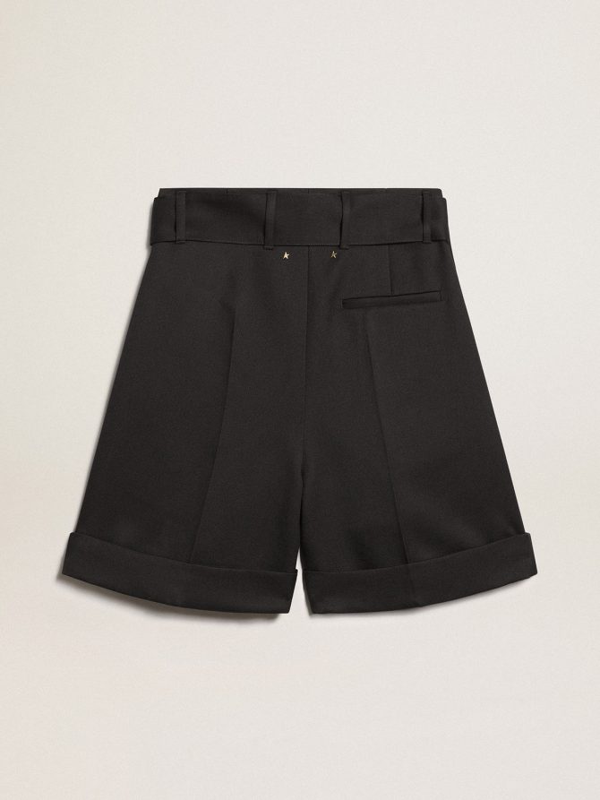 Women’s shorts in black wool gabardine with waist belt - Image 5