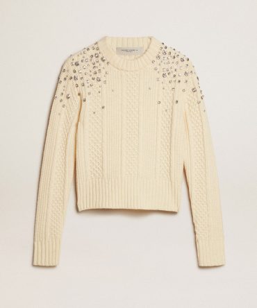 Women’s cropped worn-white sweater with decorative crystals