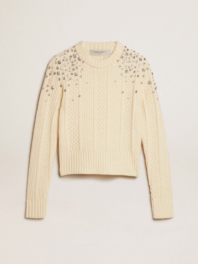 Women’s cropped worn-white sweater with decorative crystals