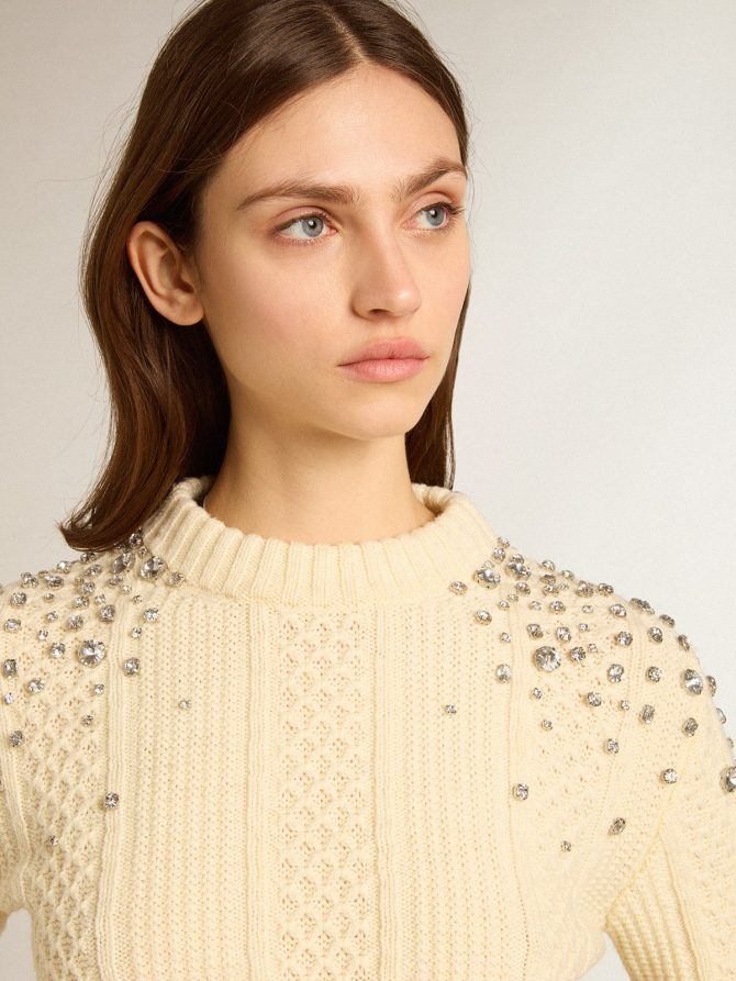 Women’s cropped worn-white sweater with decorative crystals - Image 2