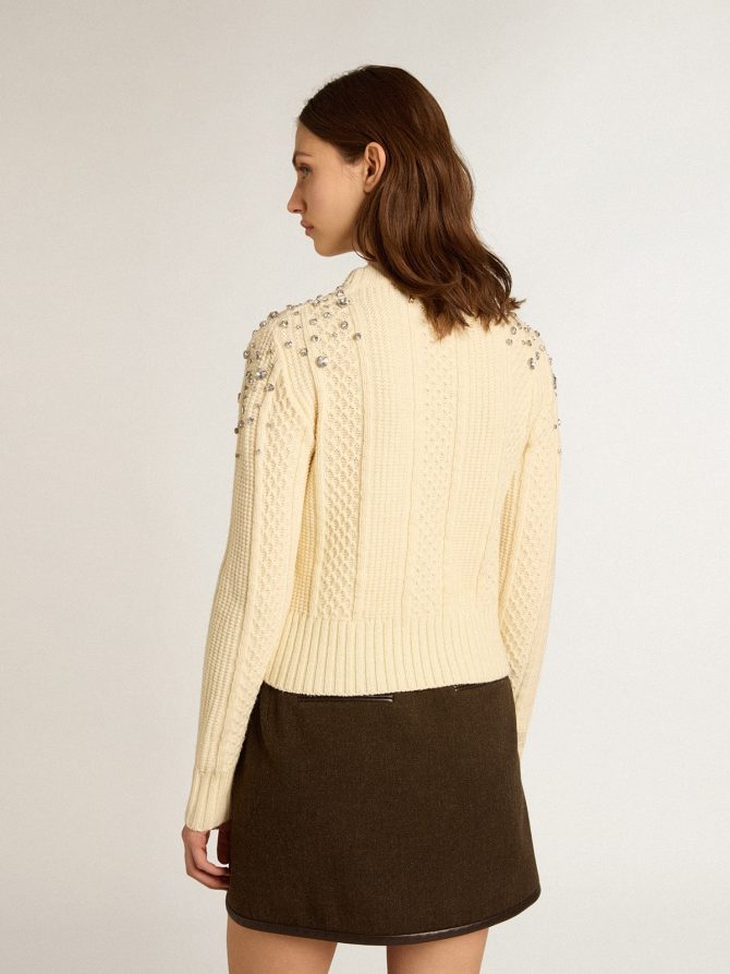 Women’s cropped worn-white sweater with decorative crystals - Image 4