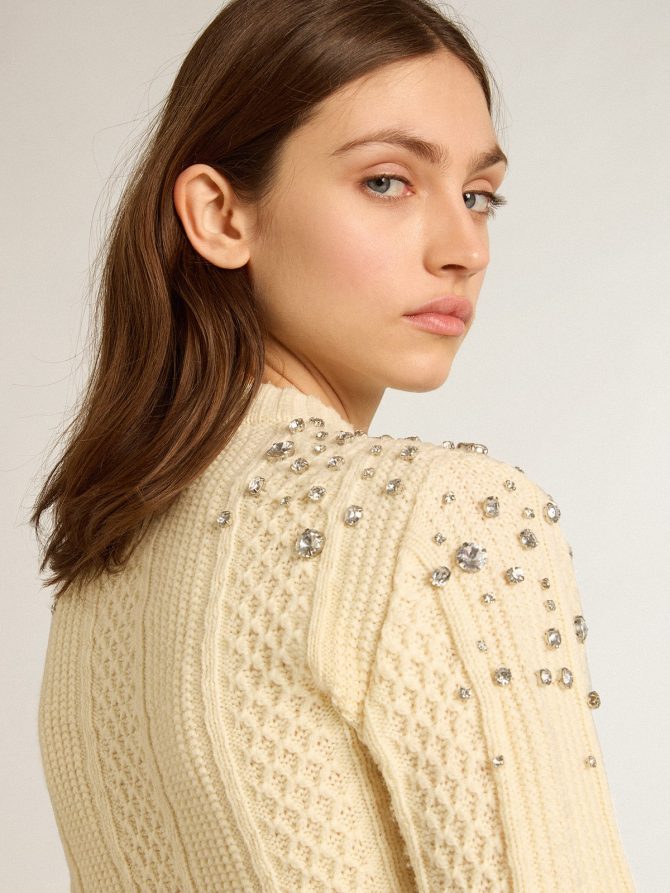 Women’s cropped worn-white sweater with decorative crystals - Image 5