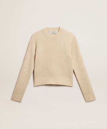 Cropped round-neck sweater in beige wool with all-over crystals