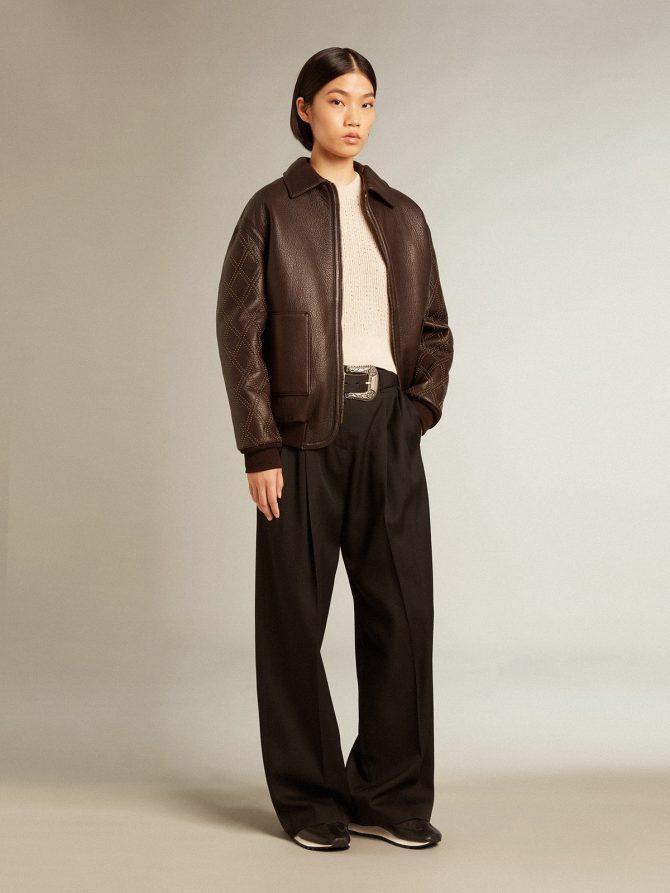 Cropped round-neck sweater in beige wool with all-over crystals - Image 3