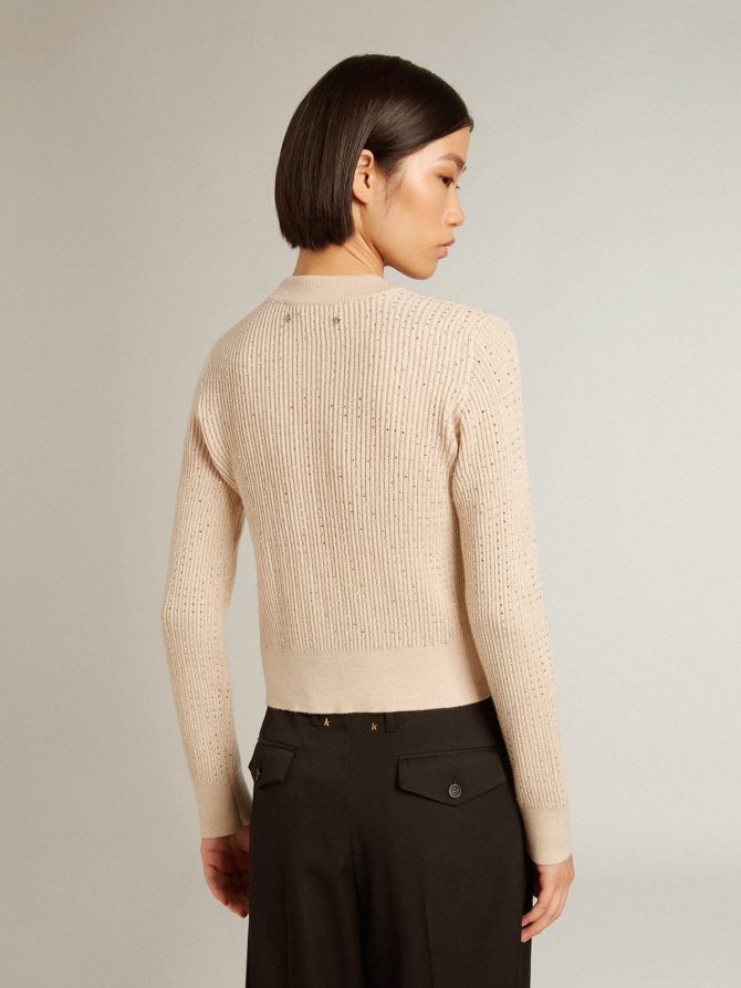 Cropped round-neck sweater in beige wool with all-over crystals - Image 4