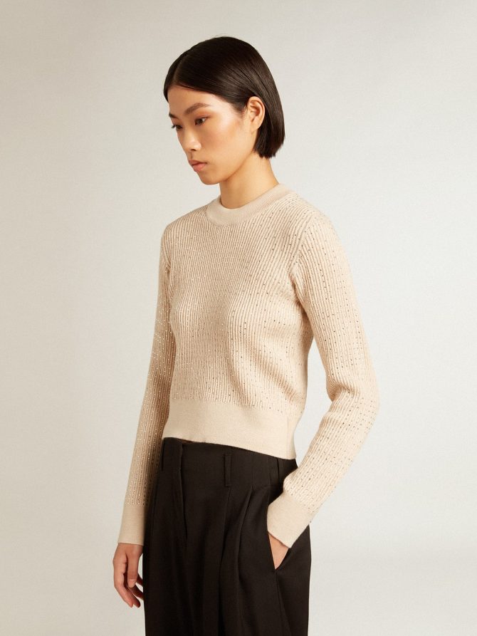 Cropped round-neck sweater in beige wool with all-over crystals - Image 5