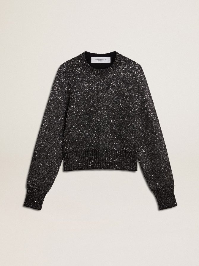 Women’s black wool blend cropped sweater with all-over sequins