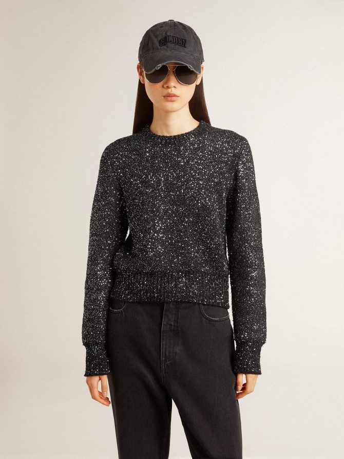 Women’s black wool blend cropped sweater with all-over sequins - Image 2
