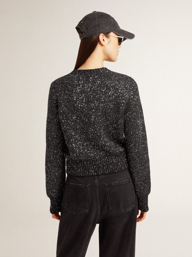 Women’s black wool blend cropped sweater with all-over sequins - Image 4
