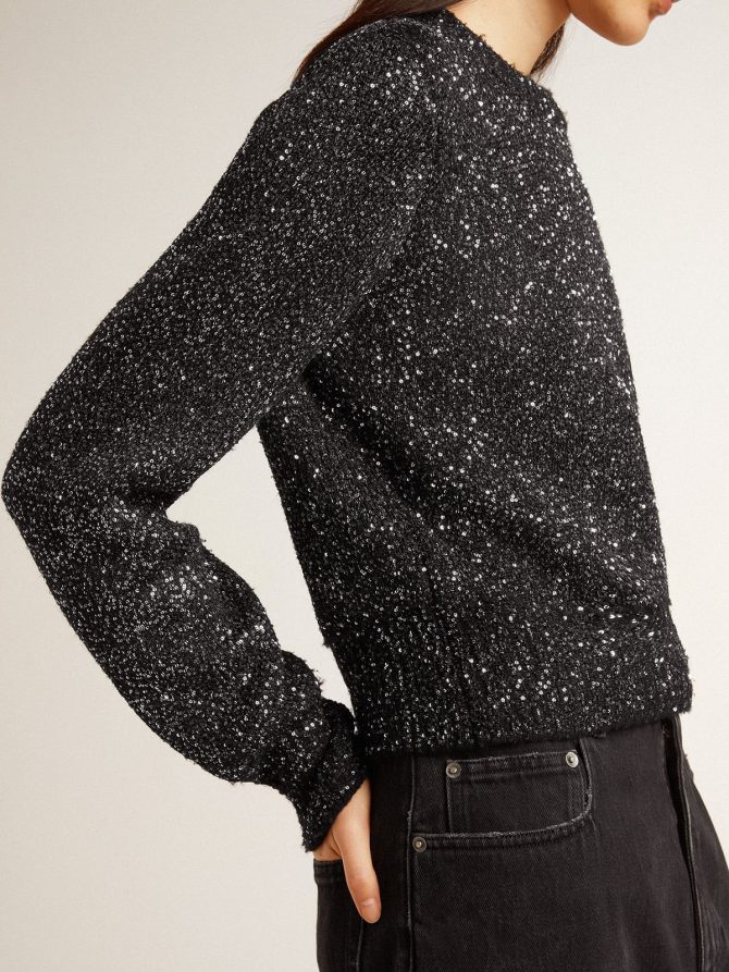 Women’s black wool blend cropped sweater with all-over sequins - Image 5