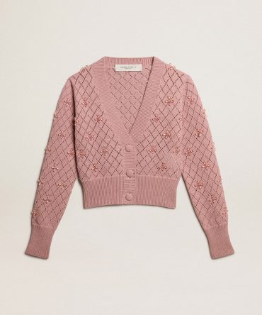 Openwork cotton cropped cardigan with decorative crystals