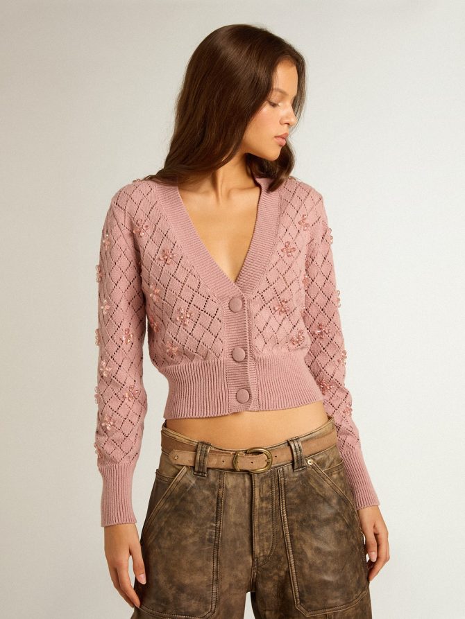 Openwork cotton cropped cardigan with decorative crystals - Image 2