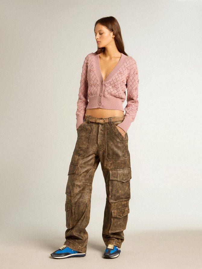 Openwork cotton cropped cardigan with decorative crystals - Image 3