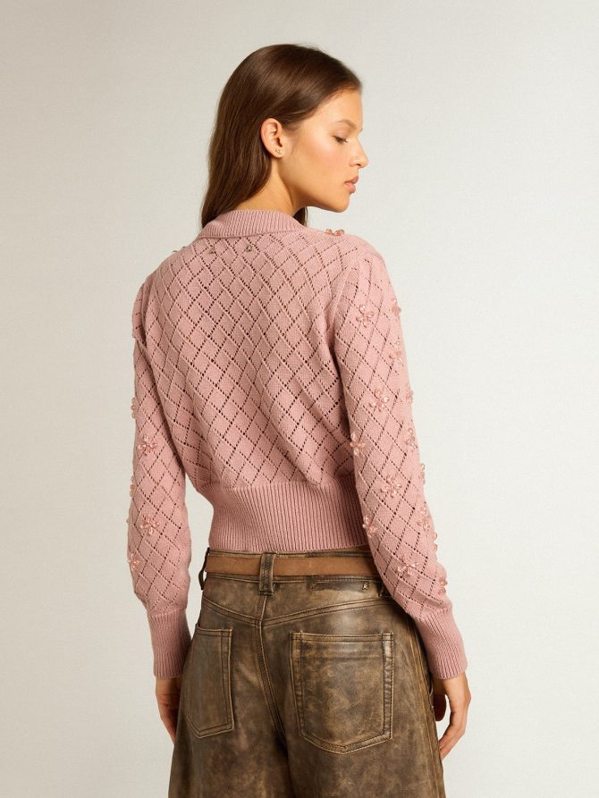 Openwork cotton cropped cardigan with decorative crystals - Image 4