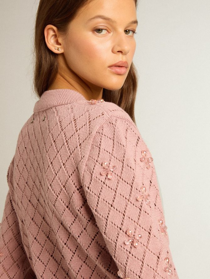 Openwork cotton cropped cardigan with decorative crystals - Image 5
