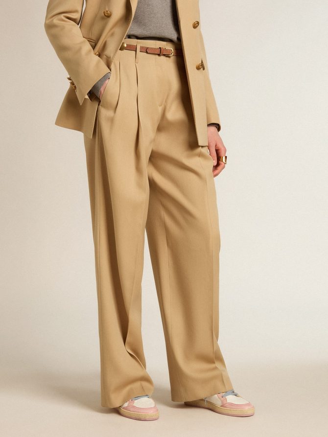 Women’s wool gabardine pants in sand - Image 5