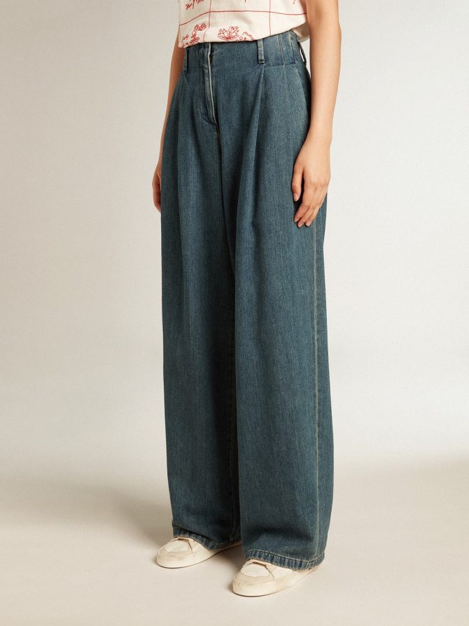 Women’s blue cotton pleated pants - Image 2