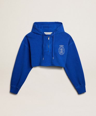 Blue cropped sweatshirt with zip fastening and hood