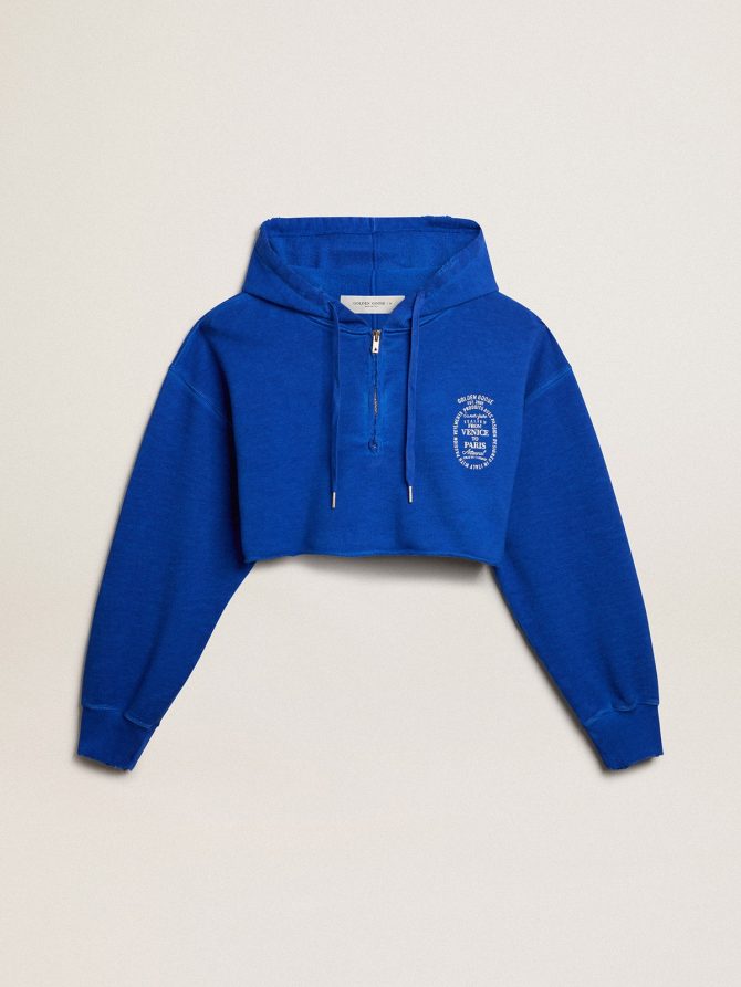 Blue cropped sweatshirt with zip fastening and hood