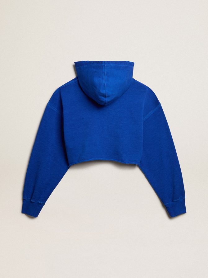 Blue cropped sweatshirt with zip fastening and hood - Image 2