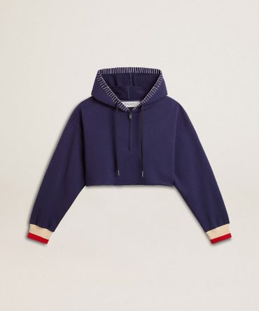 Dark blue cropped sweatshirt with zip fastening and embroidered hood