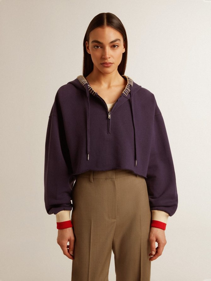 Dark blue cropped sweatshirt with zip fastening and embroidered hood - Image 2