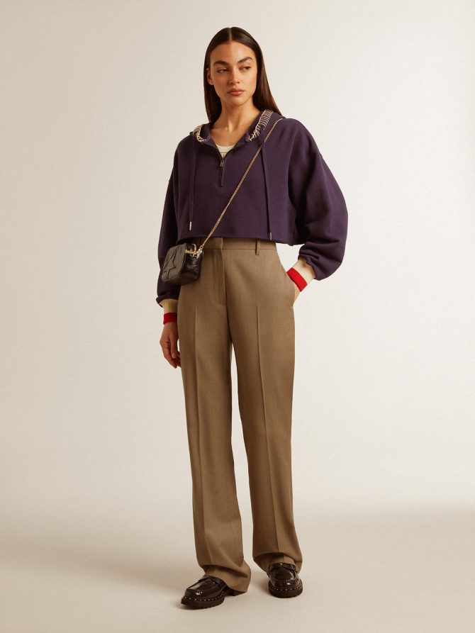 Dark blue cropped sweatshirt with zip fastening and embroidered hood - Image 3